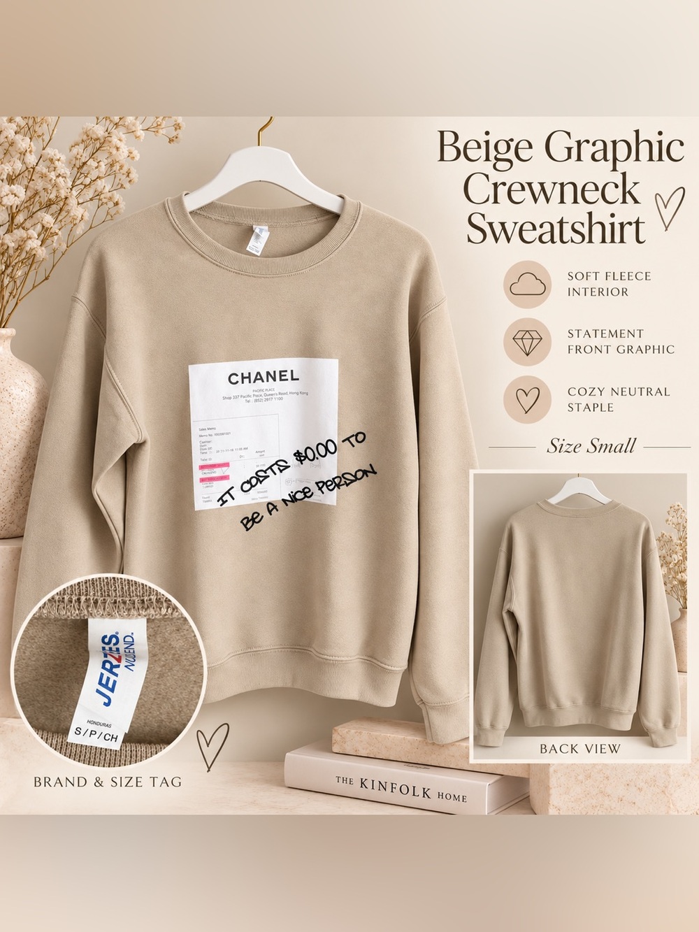 Jerzees Graphic Crewneck Beige Size Small